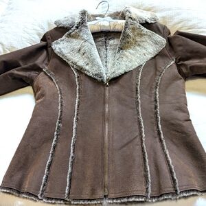 Y2K Brown Leather/Suede Faux Fur Trim Jacket Women M Lined Weste…